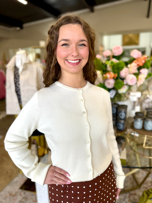 Cream Ribbed Button-Up Cardigan