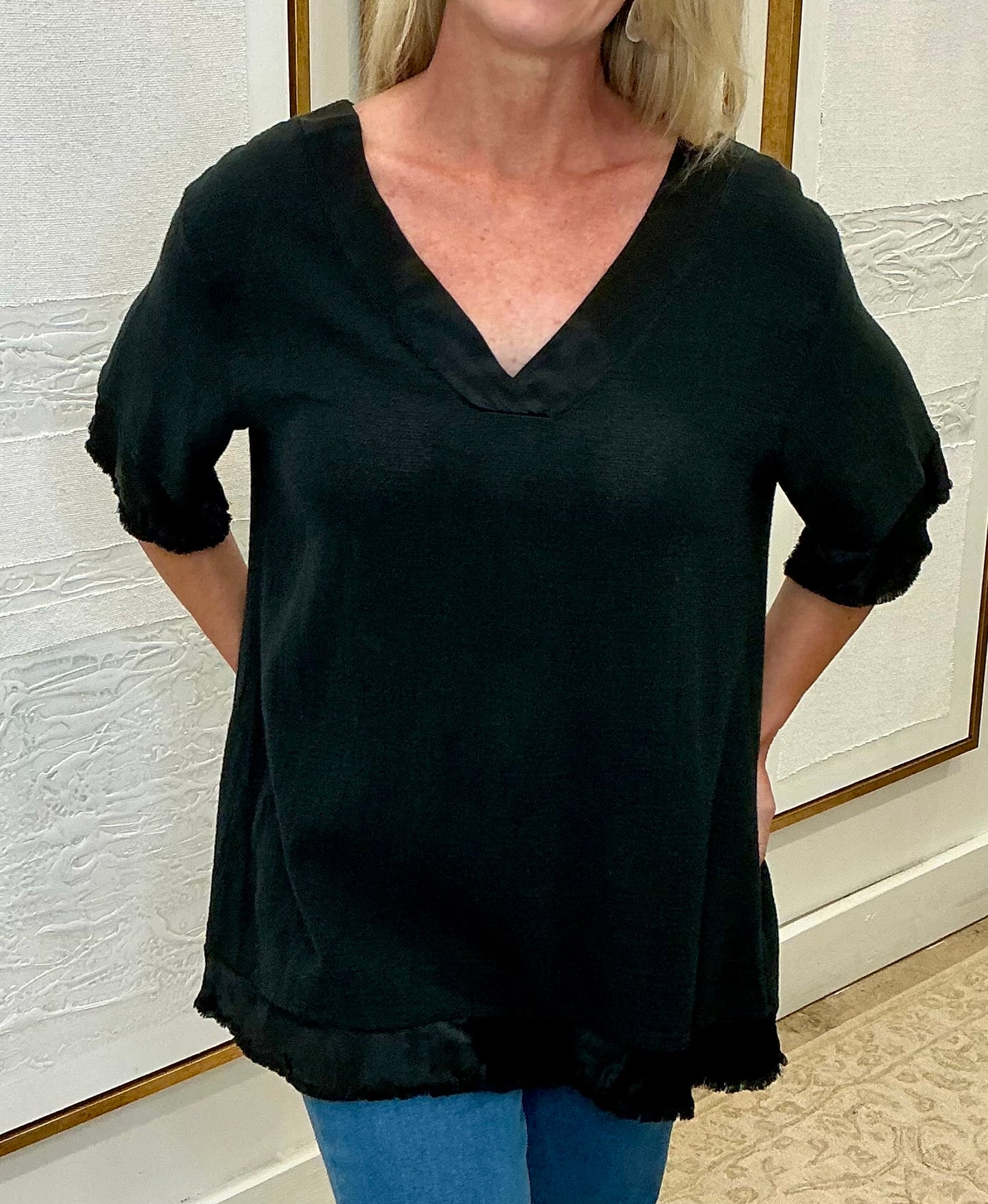 Satin Trimmed Linen Top