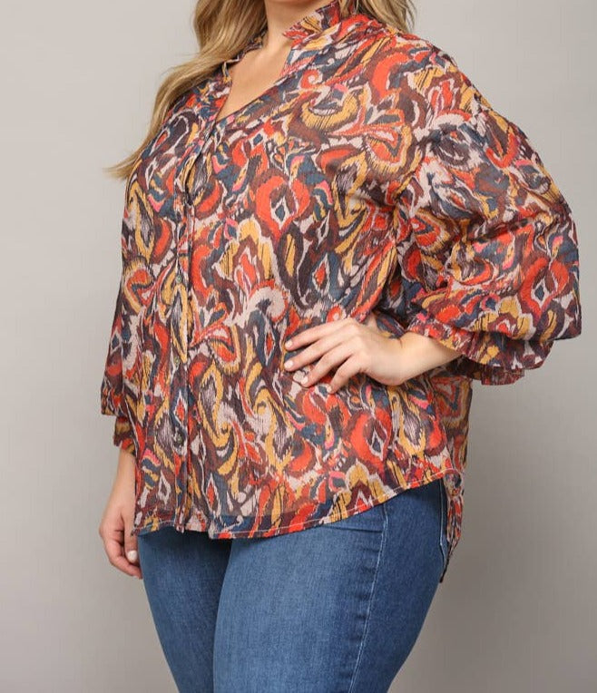 Mustard Red Bubble Sleeve Top