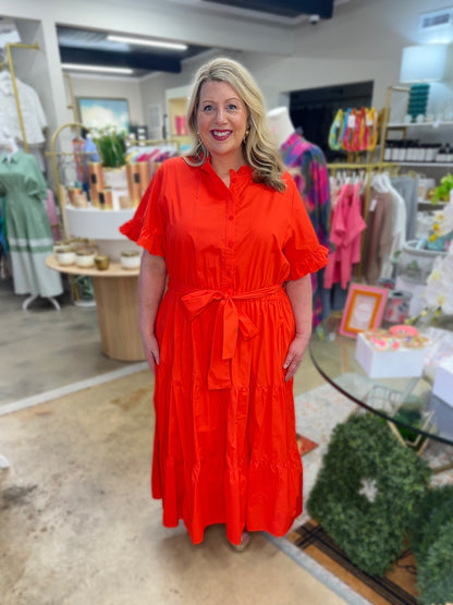 Plus Size Ruffle Detail Midi Dress (Red)