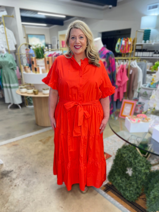 Plus Size Ruffle Detail Midi Dress (Red)