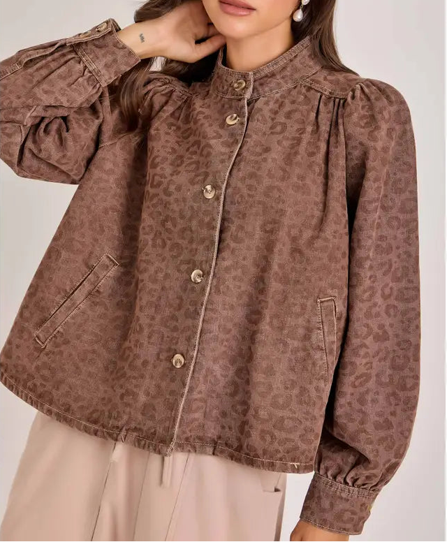 Leopard Jacket Gathered Sleeve Mocha