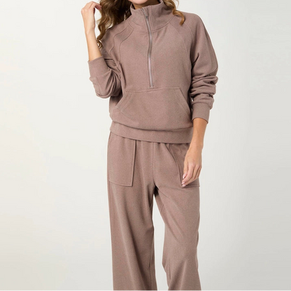 Tan Half Zip Wide Leg Pant Set
