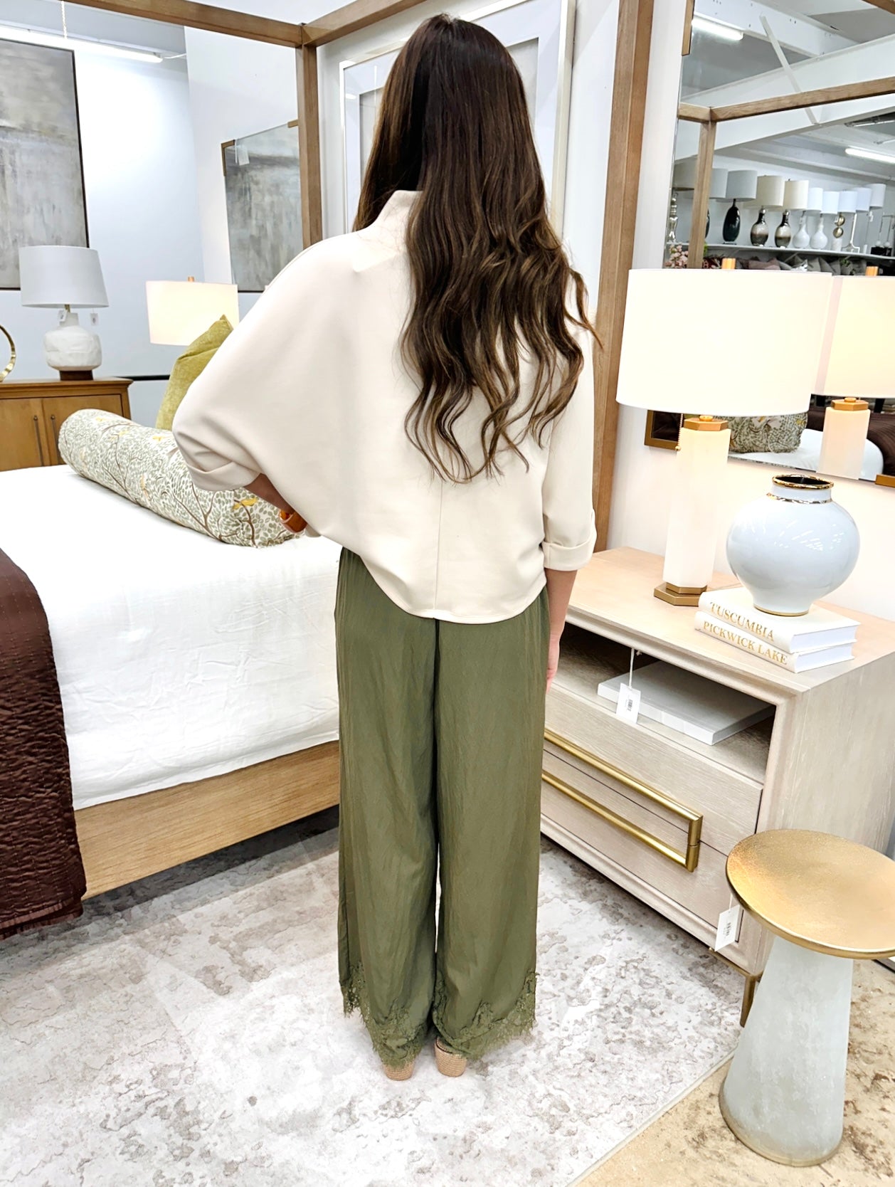 Olive Pant with Lace Trim