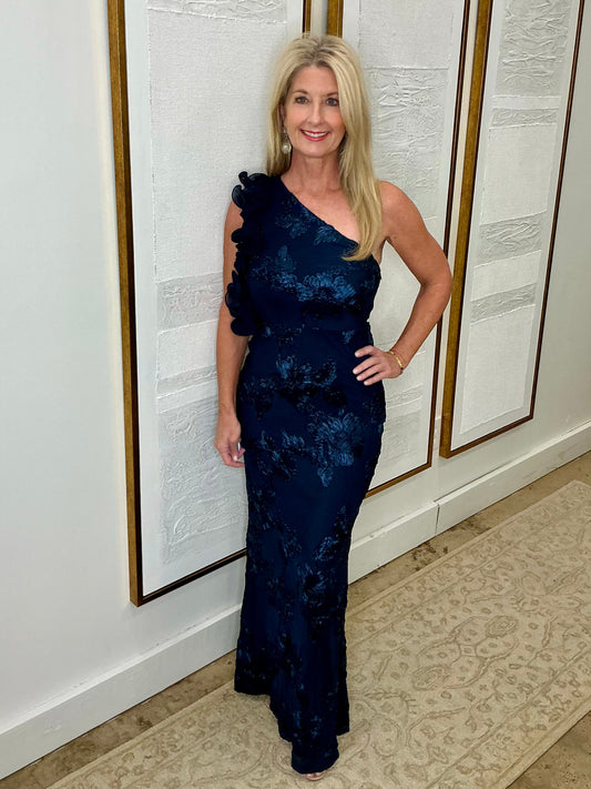 Shoulder Ruffle Accent Navy Dress
