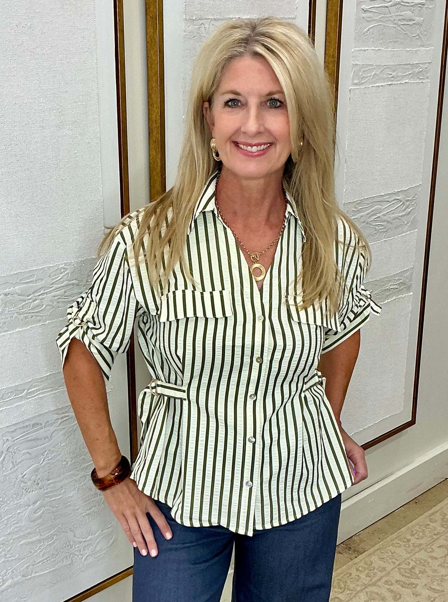 Green & Cream Striped Top