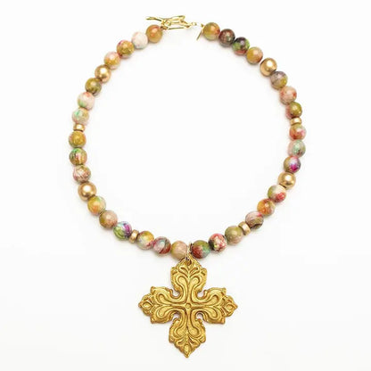 18" Pink & Green Cross Necklace