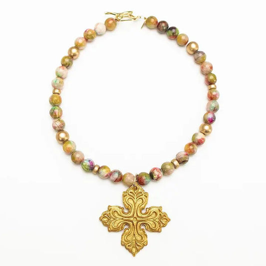 18" Pink & Green Cross Necklace