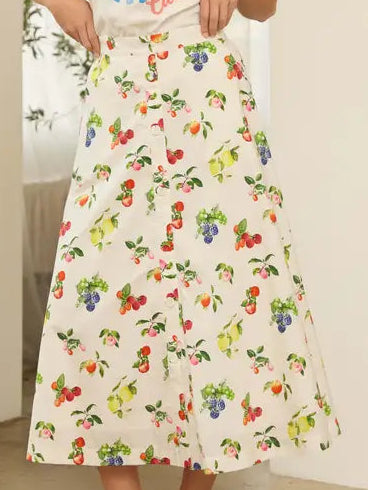 White Fruit Print Skirt