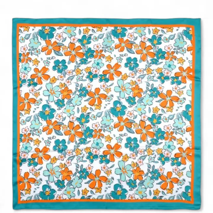 Teal Mixed Flower Silky Scarf