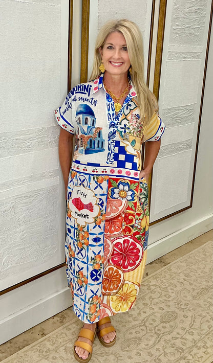Mediterranean Print Dress - One Size