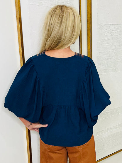 Navy Puff Sleeve Top