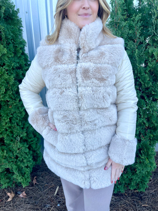 Tan Faux Fur Jacket w/ Puff Sleeves