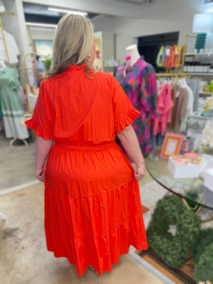 Plus Size Ruffle Detail Midi Dress (Red)