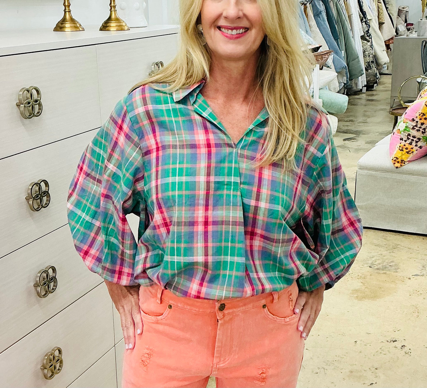 Green Plaid Button Up Top