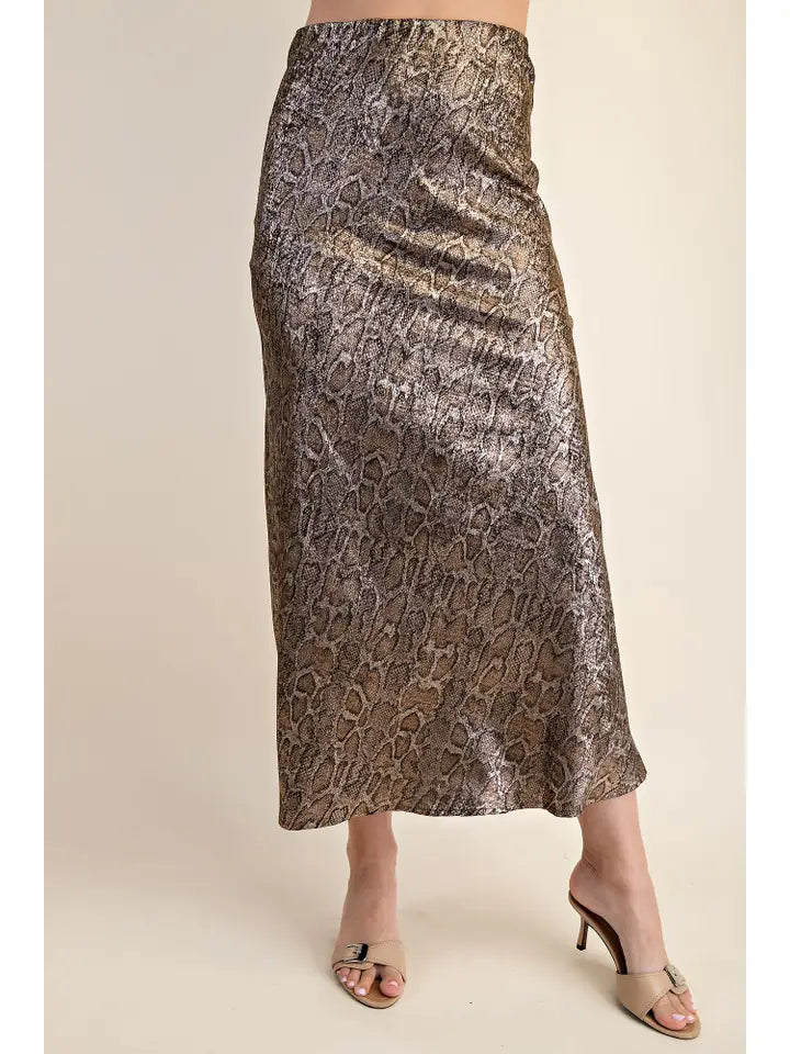 Bronze Snake Print Midi Skirt