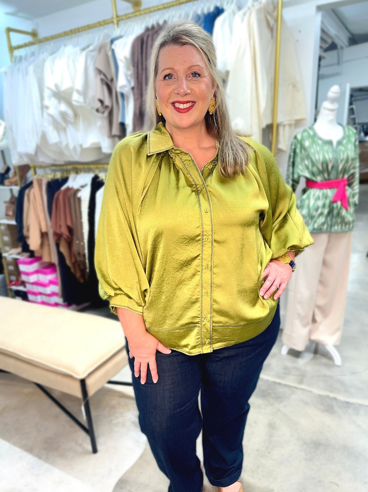 Plus Sheen Balloon Sleeve Top Olive
