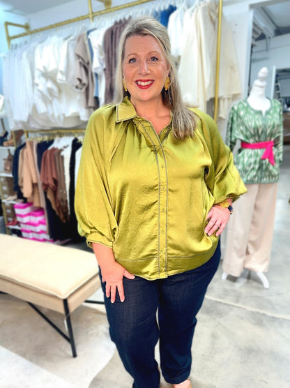 Plus Sheen Balloon Sleeve Top Olive