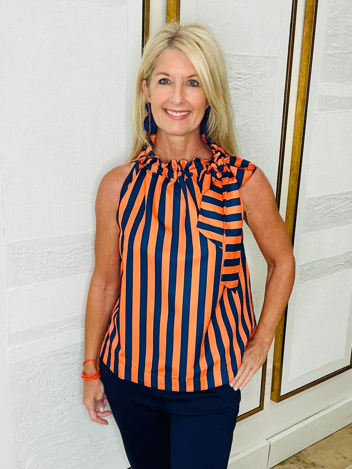 Ruffle Neck Sleeveless Stripe Top