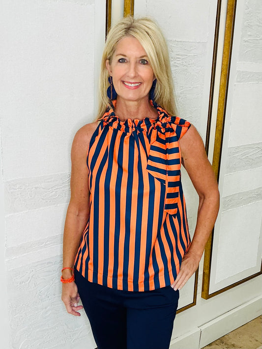 Ruffle Neck Sleeveless Stripe Top
