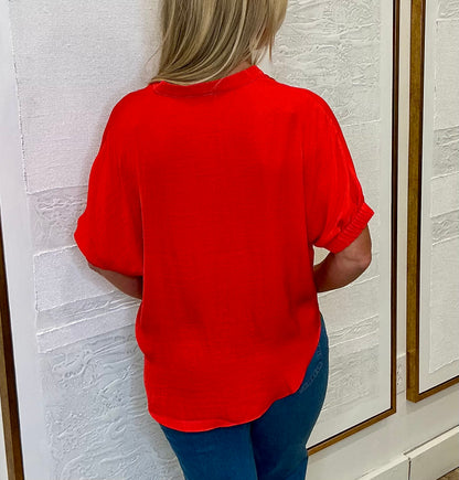 Oversized Red V-Neck Top