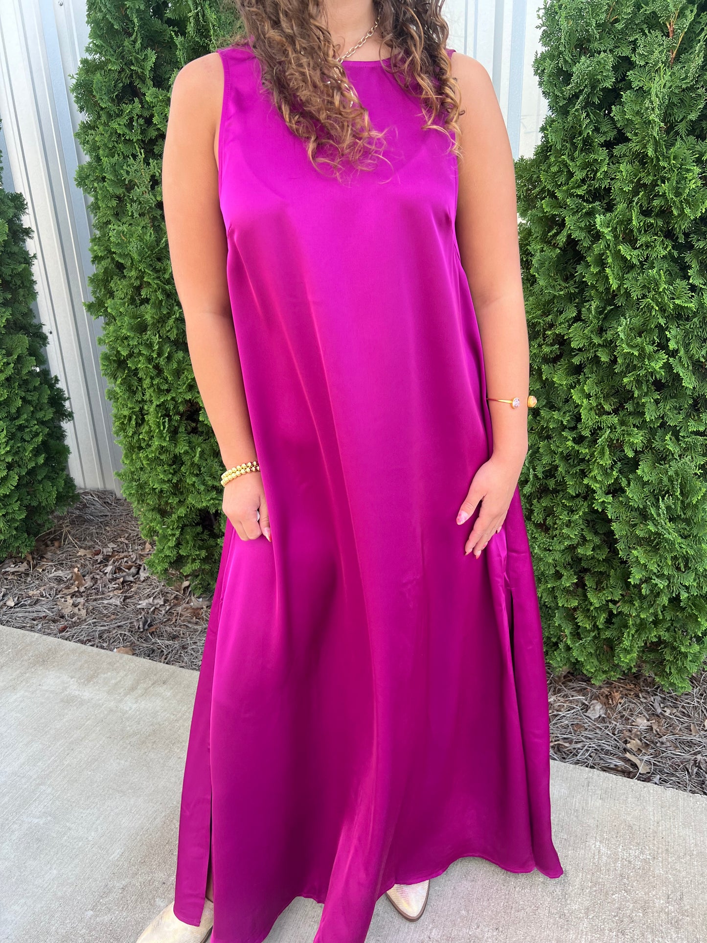 Magenta Satin Maxi Tank Dress