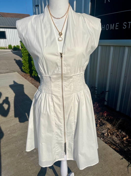 White Smocked Front Zip Mini Dress