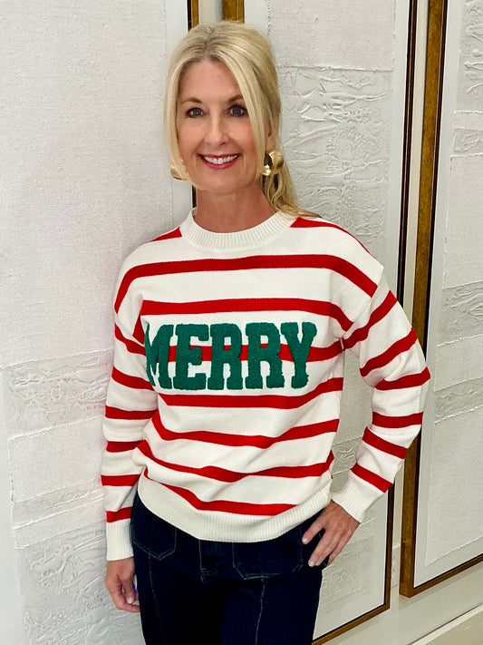 Red & White Stripe "Merry" Sweatshirt