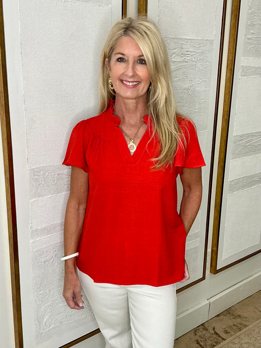 Short Sleeve Ruffle Red Top