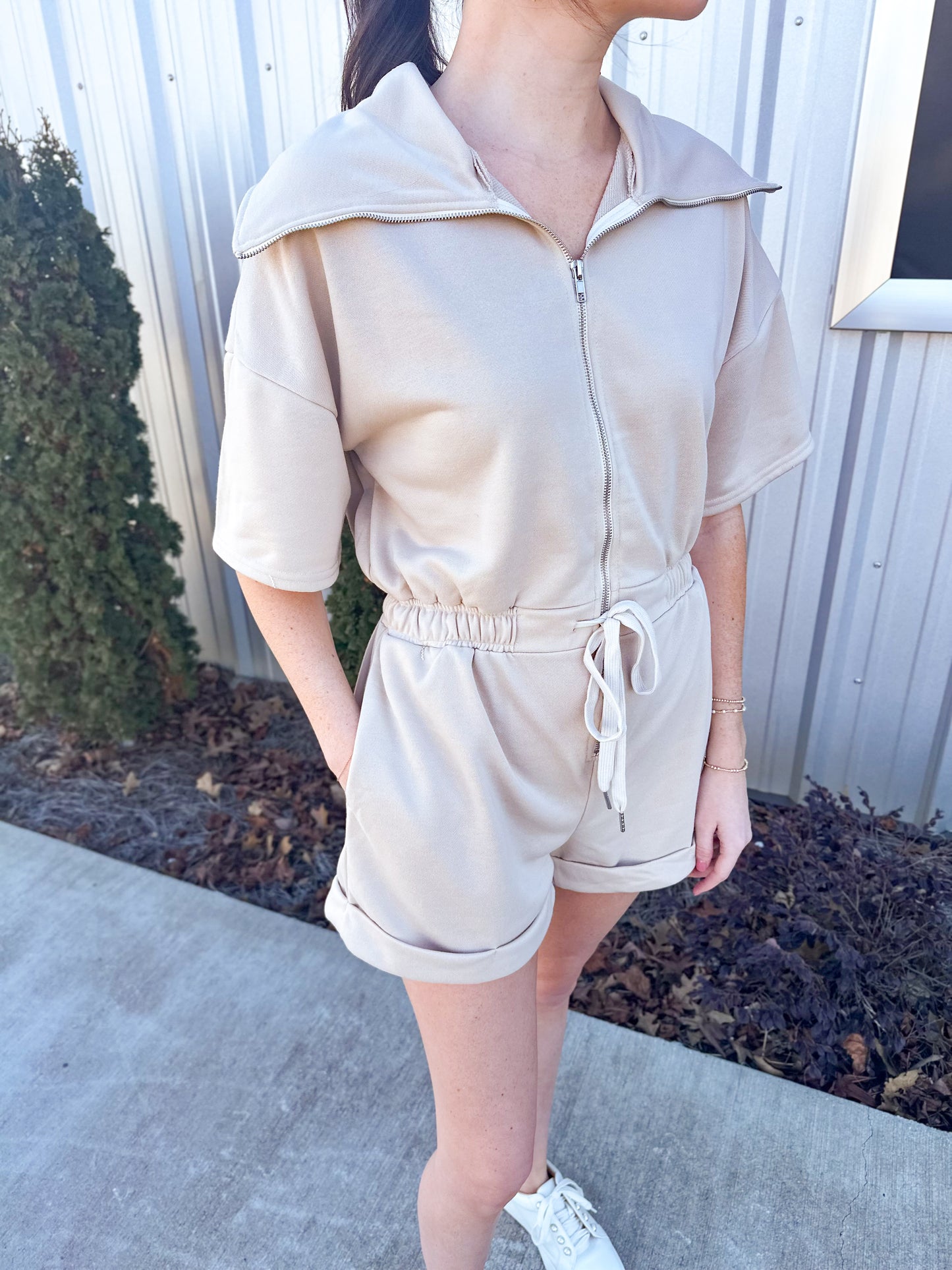 Beige Zip Front Romper