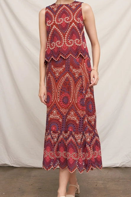 Red Eyelet Embroidered Skirt Set