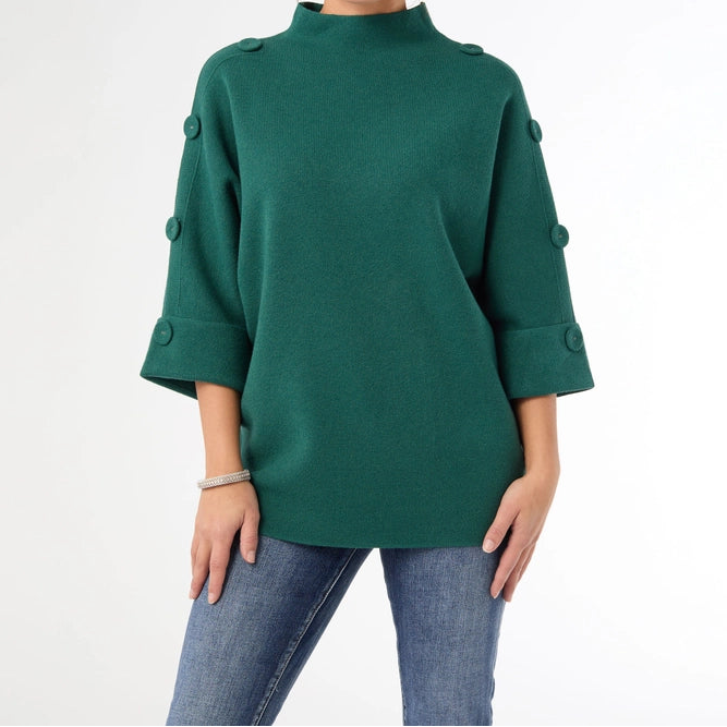 Green Funnel Neck Button Detail Top
