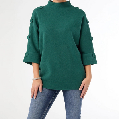 Green Funnel Neck Button Detail Top