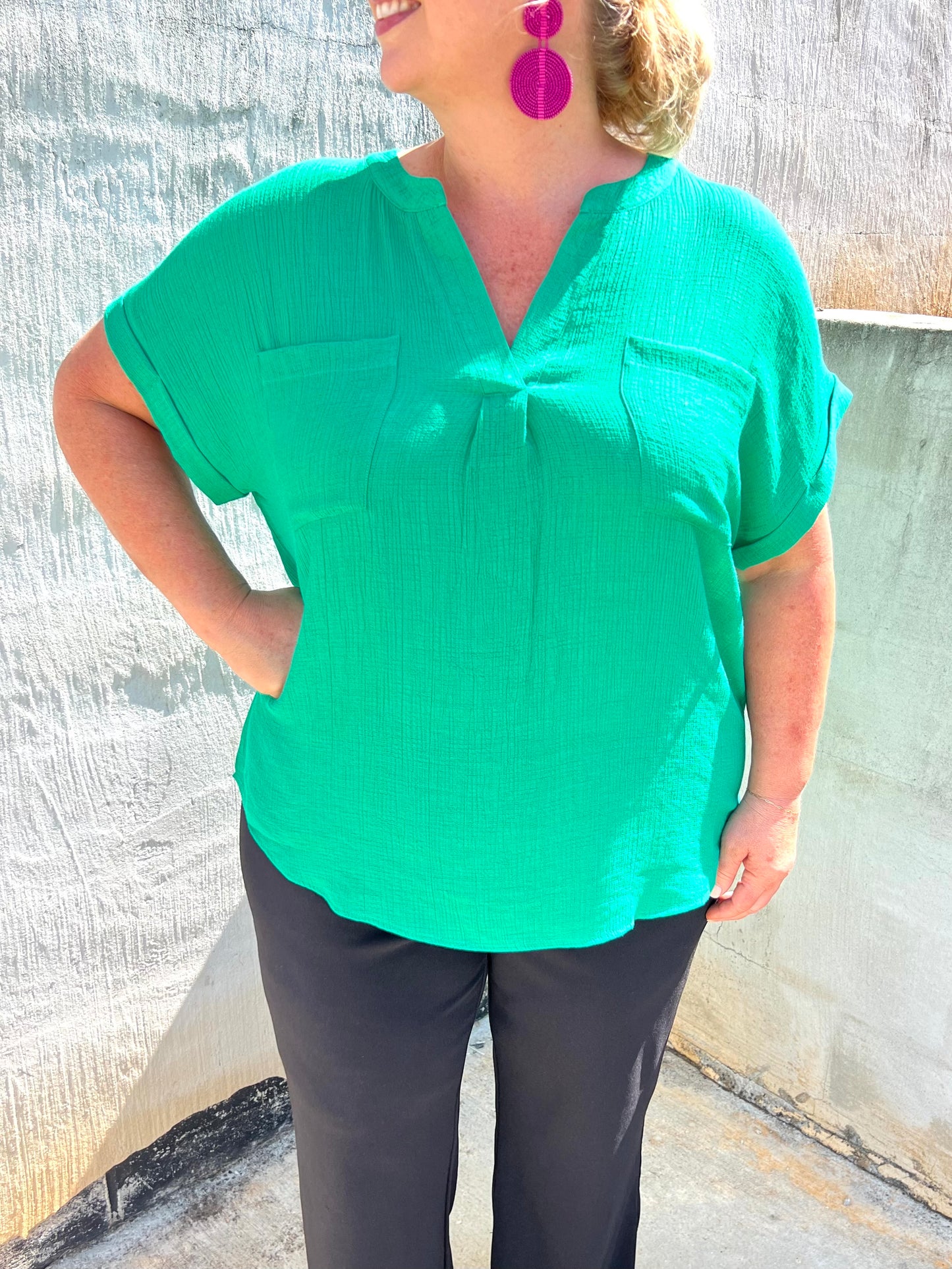 Green Cuff Sleeve Top w/ Button Design