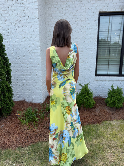 Chartreuse Floral Drape Neck Dress