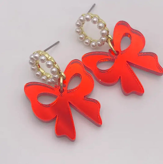 Red Bow Earrings w/ Pearls