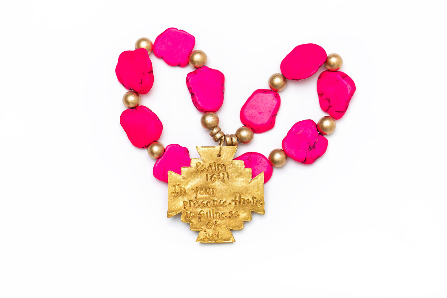 Hot Pink Jade Nuggets with Jerusalem Cross Necklace