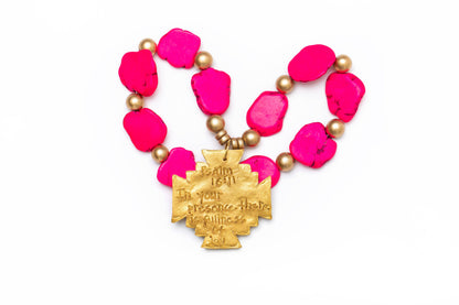 Hot Pink Jade Nuggets with Jerusalem Cross Necklace