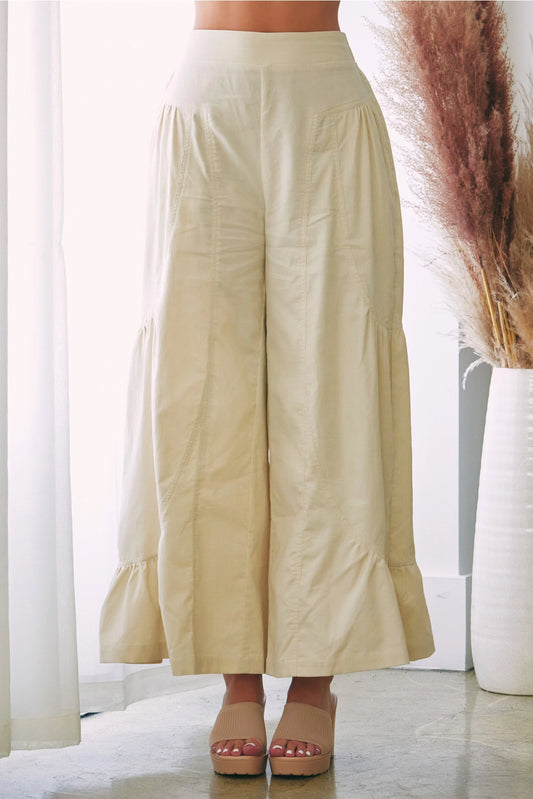 Cream Wide Leg Ruffle Pants