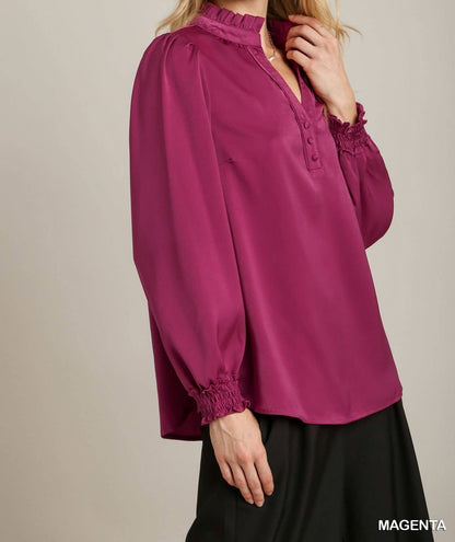 Magenta Satin Ruffle Neck Top