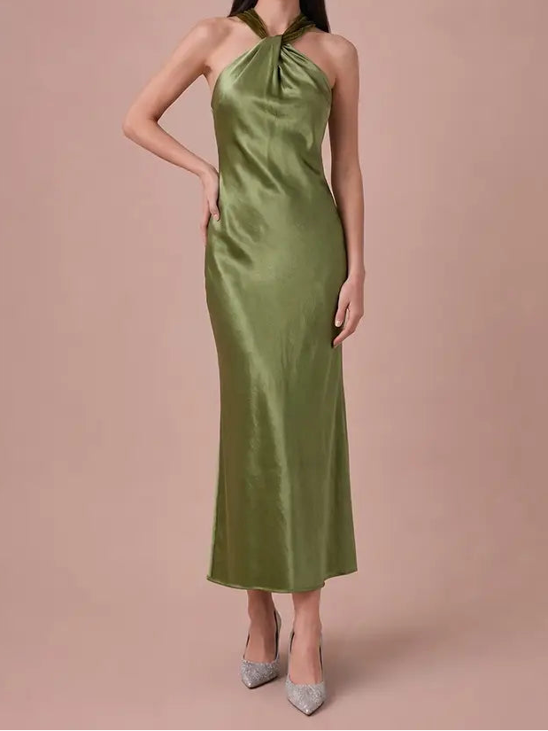 Green Satin Dress w/Velvet Scarf