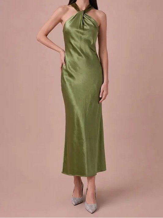 Green Satin Dress w/Velvet Scarf