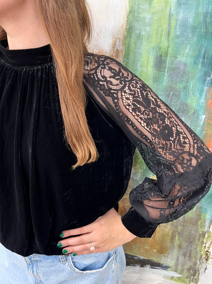 Black Velvet Blouse w/ Lace Sleeve