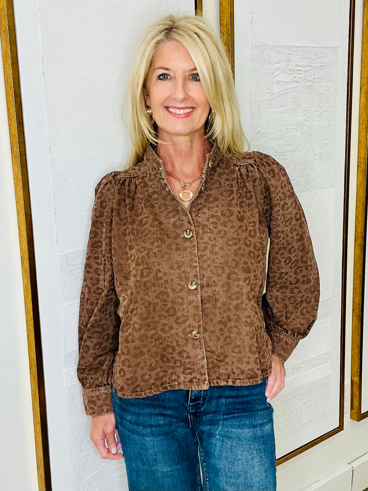Leopard Jacket Gathered Sleeve Mocha