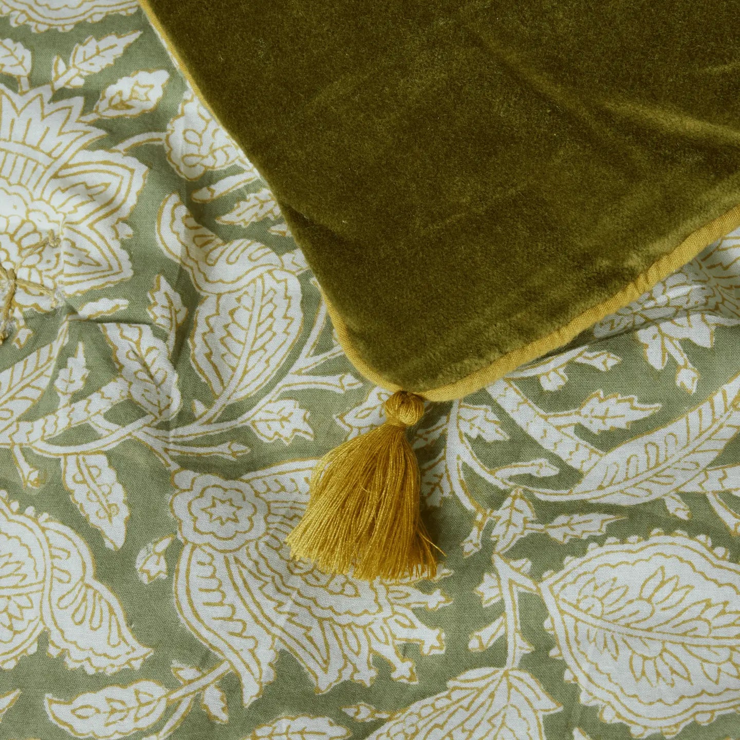 Green Velvet & Floral Queen Bed Runner
