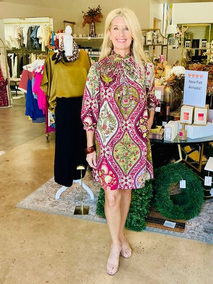 Floral Print Short Dress Burgandy