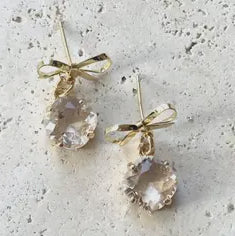 Bow Crystal Drop Earrings-Real Gold Plated