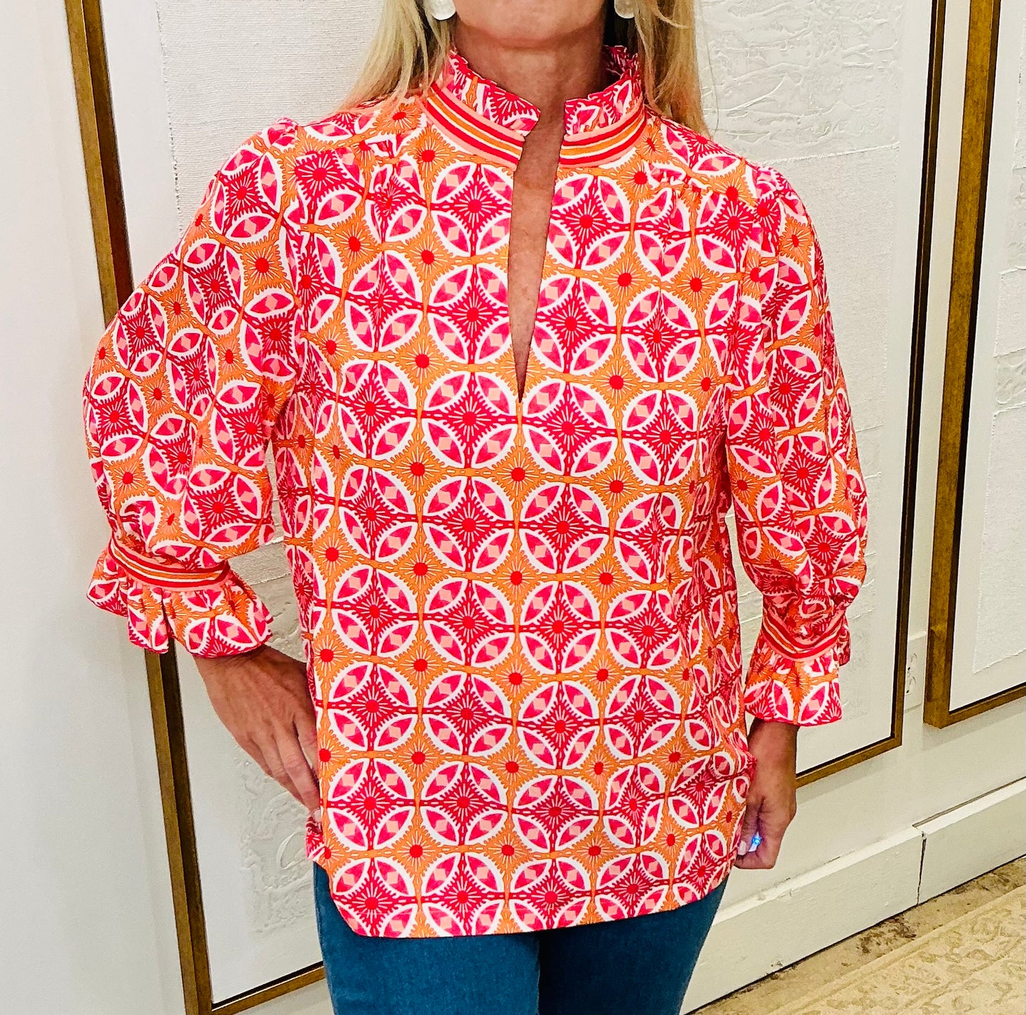 Bright Pink & Orange Ruffleneck Top