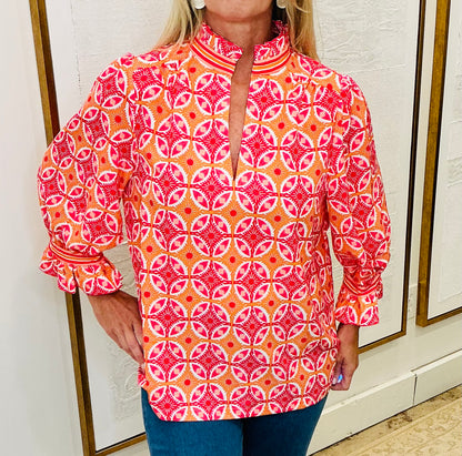 Bright Pink & Orange Ruffleneck Top