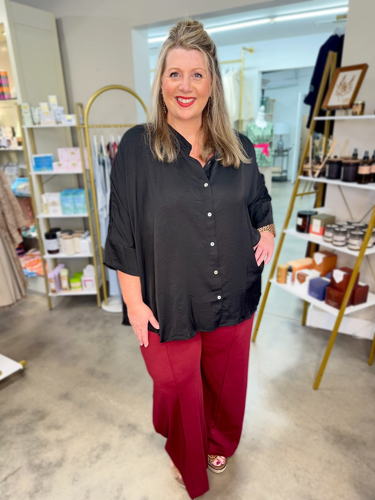 Plus Satin Button Down Hi-Lo Top